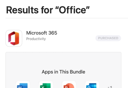 App Store search results showing Microsoft 365 bundle.