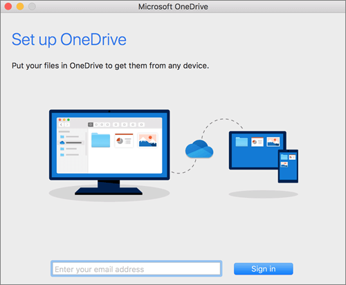 OneDrive login screen displayed at launch.